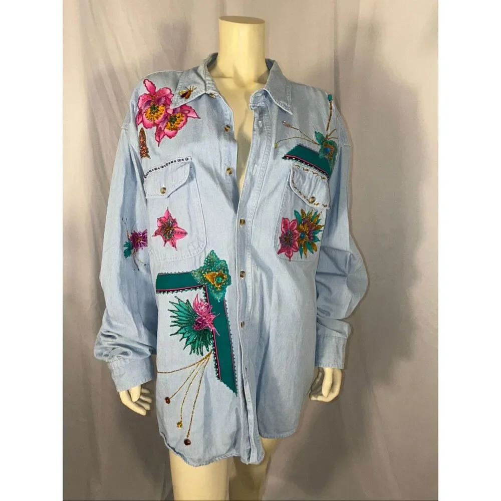 Basic Editions Oversized Denim Shirt 3X – Hand Embellished Floral & Butterfly We